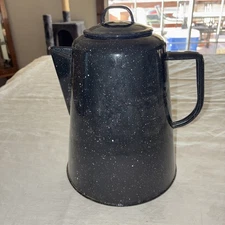 Vintage Enamelware Coffee Pot Black Speckled Cowboy Camping 9" Tall with Lid
