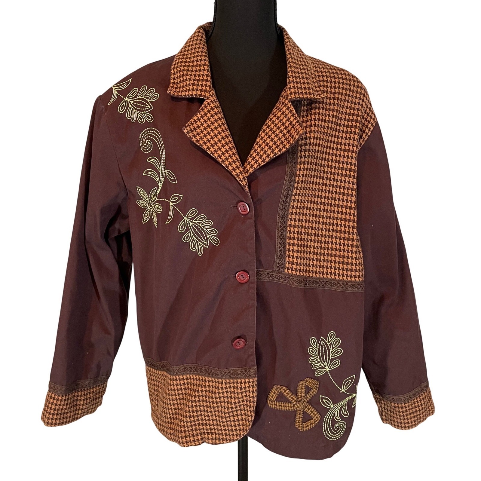 Bechamel Brown Houndstooth Patchwork Embroidered … - image 1