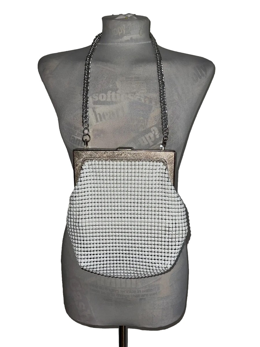 Vintage Oroton Bag Large White Silver Chunky Chain Handle Glomesh Satin - Main Image