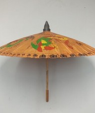 Vintage Asian Rice Paper Parasol Hand Painted Dragon  Phoenix Two Tone Handle