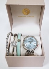 ADRIENNE VITTADINI TEAL,CRYSTALS PAVE 4 PC SET SILVER WATCH,BLUE DIAL+3 BANGLES