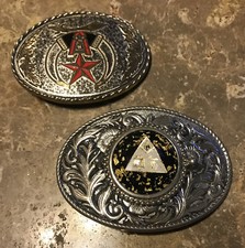 2 Vintage MASONIC MASONS FREEMASON SHRINERS Belt Buckles Silver Gold Flecks ASIS