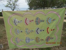 VTG. 1956 PINK GREEN HAND QUILTED APPLIQUE SUNBONNET SUE TYPE QUILT