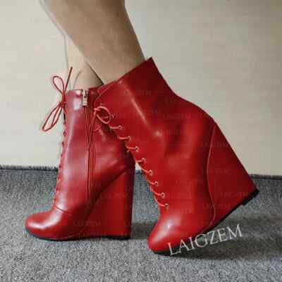 Women Ankle Boots Wedges High Heels Round Toe Side Zip Short Booties Up Shoes