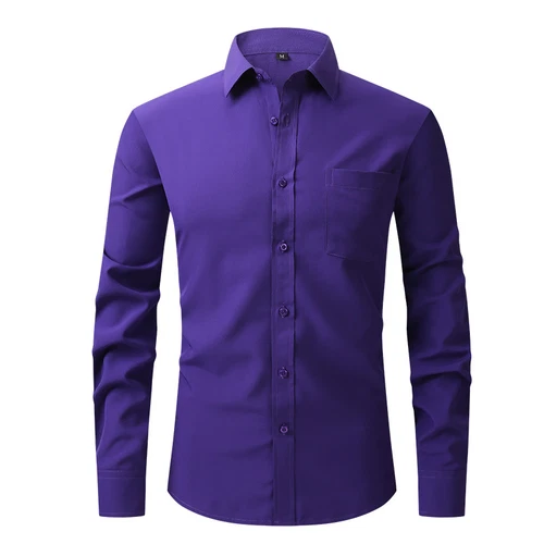 Men's Stretch Slim Fit Button Up Long Sleeve Solid Color Dress Shirt Formal Tops - Picture 20 of 39