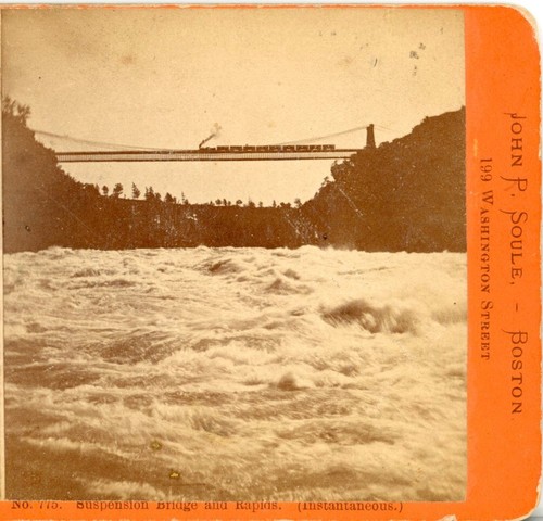 NIAGARA FALLS, Locomotive on Niagara Suspension Bridge--J.P.Soule Stereoview Z22