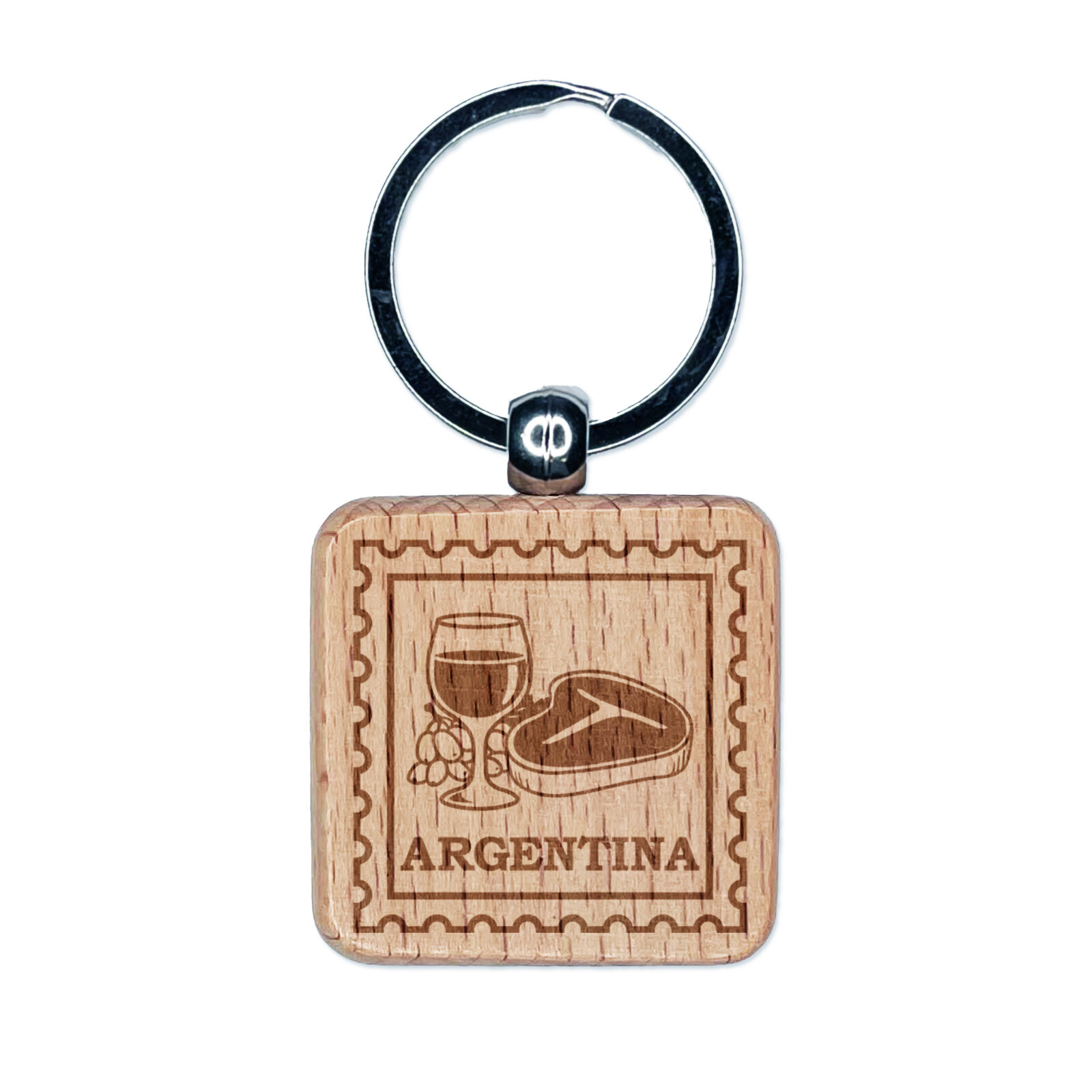 Argentina Travel Wine Glass Steak Engraved Wood Square Keychain Tag Charm