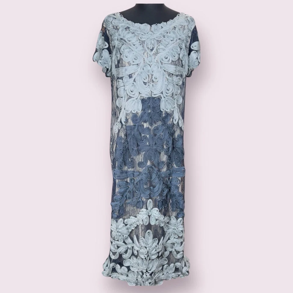 JS Collections Soutache Lace Cocktail Midi Dress Party Elegant Blue Size 14 - Image 2 of 4