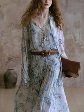 French Summer Women's Printed Floral Silk Dress Long Sleeved V Neck A-Line Dress