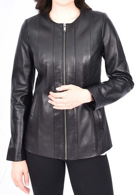 Kragenlose schwarze Damen-Lederjacke hüftlang klassischer Stil Reißverschluss vorne Sylvia
