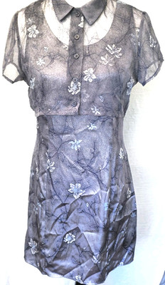 DBY VTG 90s Y2K Short Sleeve Blue/Grey Sheer Overlay Dress Floral Mini Small