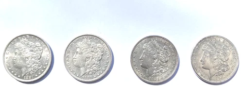Lot of 4 Very Nice Morgan Silver Dollars, EF to AU, 90% Silver Content.