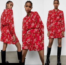  ZARA Red Multi Floral Print  Tie Neck Flare Long Sleeve Mini Dress  ~ S  M3020