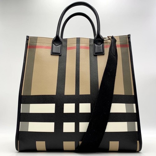 Burberry Mega Check Nova Check 2Way Tote Bag PVC Leather Beige