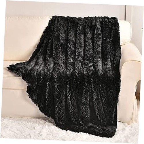 Black Faux Fur Throw Blanket,2 Layers,50" x 60", Soft Fuzzy Fluffy Plush