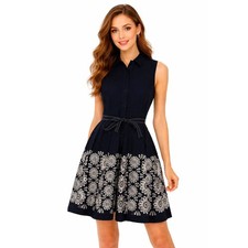 Oscar de la Renta | Linen Navy Floral Eyelet Embroidered Fit Flare Dress Size 6