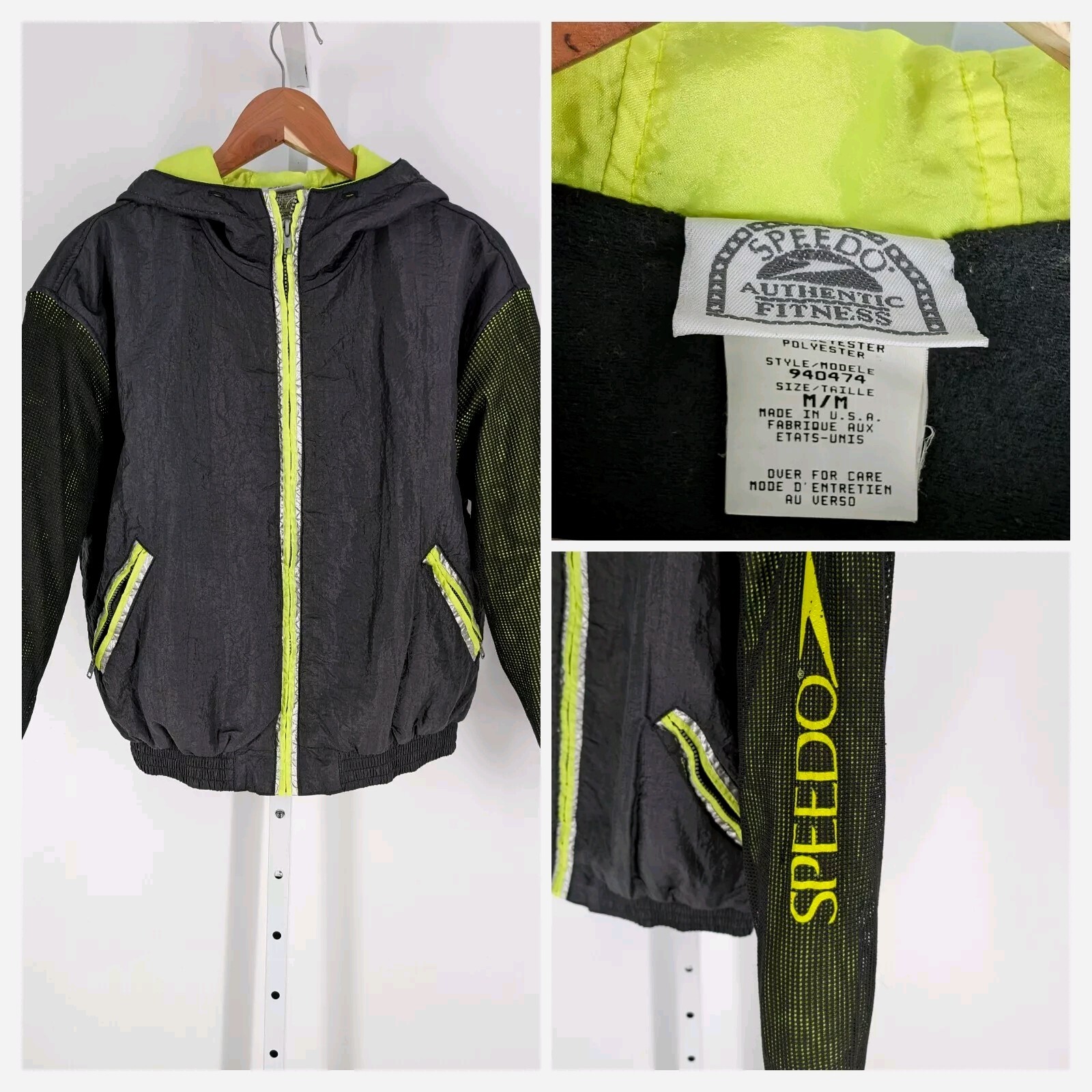 SPEEDO Vintage Neon Green Safety Windbreaker Coat Jacket Rave Club