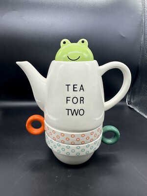 Tea For Two Porcelain Teapot and 2 Tea Cups Set Frog by Shinzi Katoh