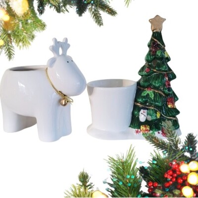 Keramik Weihnachten Teelichthalter und kleine Übertöpfe Weihnachtsbaum & Rentier
