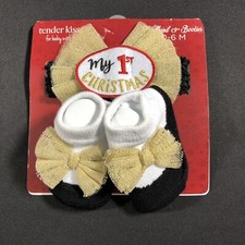TENDER KISSES MY FIRST CHRISTMAS GIRL HEADBAND  BOOTIES INFANT BABY SET 0-6M