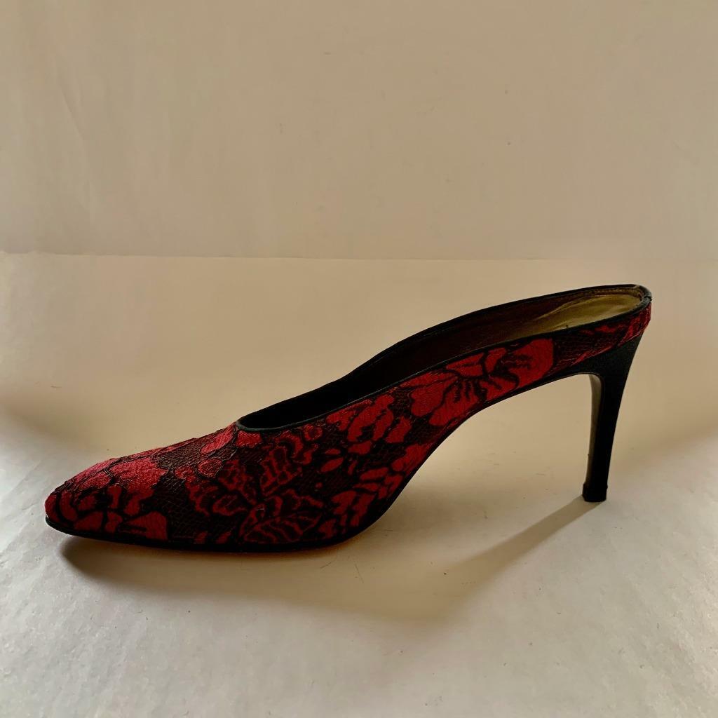 Muli tacco YVES SAINT LAURENT Vino e Tessuto PIZZO NERO 3 25" nuovi di zecca US 7 M