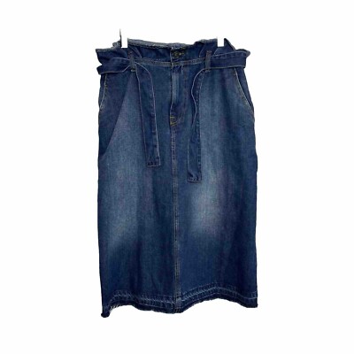 Ottod Ame Women's High Rise Paper Bag Waist Belted Denim Midi Skirt Size M