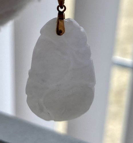 14k Yellow Gold White Jadeite Oval Carved Pendant 18” Necklace 5.6g Vintage 585 - Picture 10 of 24