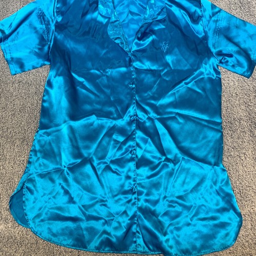 VTG Victorias Secret Gold Label Shirt Women Large Blue Satin Buttons Sleeper Y2K - Picture 5 of 10