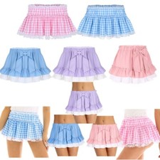 Sissy Men Women Pleated Mini Skirt Lace Hem Gingham A-line Fancy Dress Clubwear