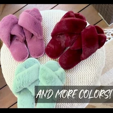 Fuzzy cross band slippers for women house fluffy slipper winter bedroom open toe