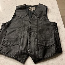 Vintage Diamond Leather Black Leather Vest - Size 42 Biker