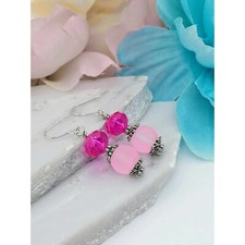 Pink Sea Glass Silver Dangle Earrings-Beach Dangles-Gift For Beach Lover