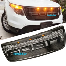 Front Grille For 2011-2015 Ford Explorer Bumper Grill W/ Letters/LED Matte Black