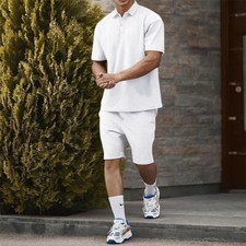 Men Summer Outfit 2-Piece Set Short Sleeve Shirt and Shorts Sweatsuit Set
