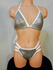 Exotic dancer stripper medium white/silver 2 pc bikini dance outfit-dancewear