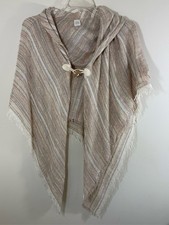Hooded Striped Poncho Women's Fringe Toggle Closure Cape Wrap Shawl Asymmetrical