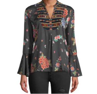 Johnny Was Workshop Spanish Steps Velvet-Trim Silk Blend XL Blouse