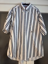 Vtg 90s Tommy Hilfiger Crest Shirt XL White Navy Stripe Short Sleeve Lion Emblem