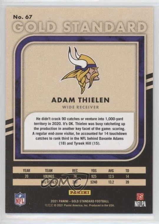 2021 Panini Gold Standard White Gold /49 Adam Thielen #67 - Image 2 of 2
