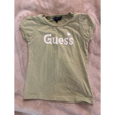 Guess Jeans Girls Sage Green Logo T-Shirt Rhinestone Heart Puffed Sleeve Tee (E)
