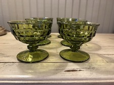 6 Indiana Glass Whitehall Cubist Avacado Green Footed Dessert Dishes 3.25"