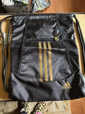 Adidas Drawstring Cinch Sack Bag Black with Gold Stripes Gym School Travel