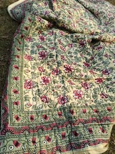 Block Print Cotton Quilt: Reversible Floral, Boho Bedding Blanket King Size
