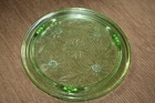 Jeanette Sunflower Green Depression Glass Cake Plate 3 Footed Vintage