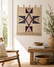 Handwoven Southwestern Wool Wall Hanging Rug Geometric Textile w Loops 22x20