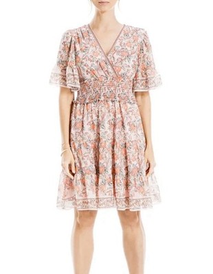 Max Factor Floral Pink Smock-Waist V-Neck Dress Size Small