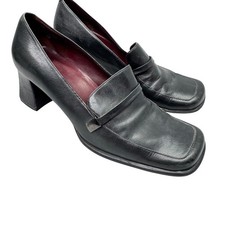 VTG Y2K Chunky Heeled Loafers Womens 8M Black Leather Square Toe Witchy Goth