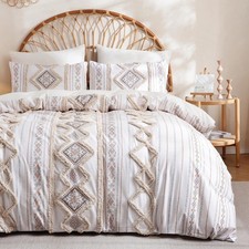 Herside Beige 100 Cotton Boho Duvet Cover Set Queen Size, 3-Piece Tufted Tex...