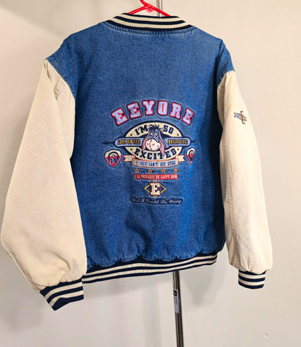 Vintage 90s Disney Store Embroidered Eeyore Denim Varsity Jacket Snap Front Sz M