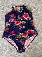 Kona Sol Plus Size Keyhole Strap One Piece Swimsuit Size 22W Navy Floral
